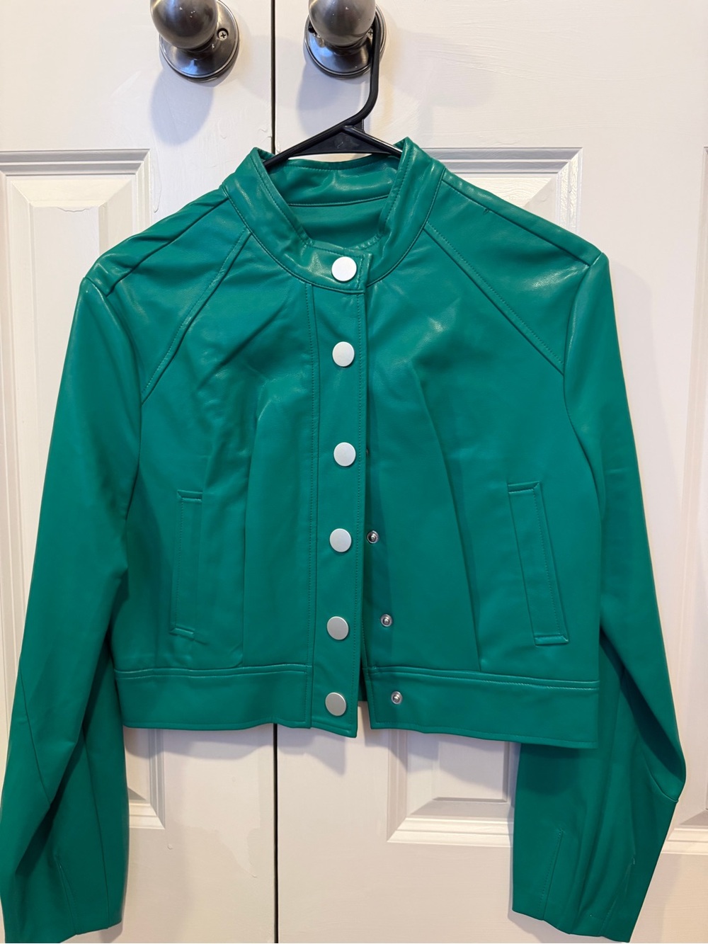 Women’s Green Faux Leather Snap-Front Jacket